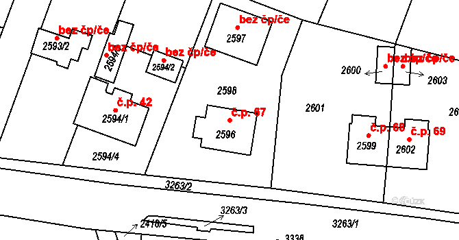 Vodná 67, Kamenice nad Lipou na parcele st. 2596 v KÚ Kamenice nad Lipou, Katastrální mapa