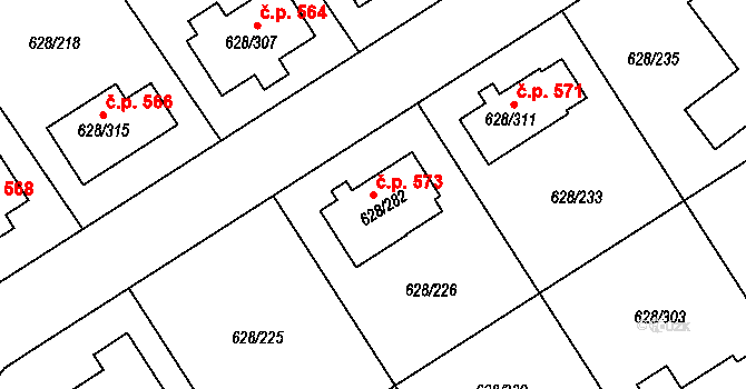 Hamry nad Sázavou 573 na parcele st. 628/282 v KÚ Hamry nad Sázavou, Katastrální mapa