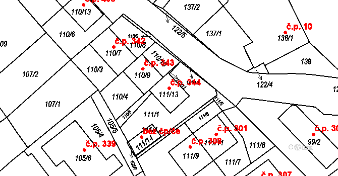 Rozdrojovice 344 na parcele st. 111/13 v KÚ Rozdrojovice, Katastrální mapa