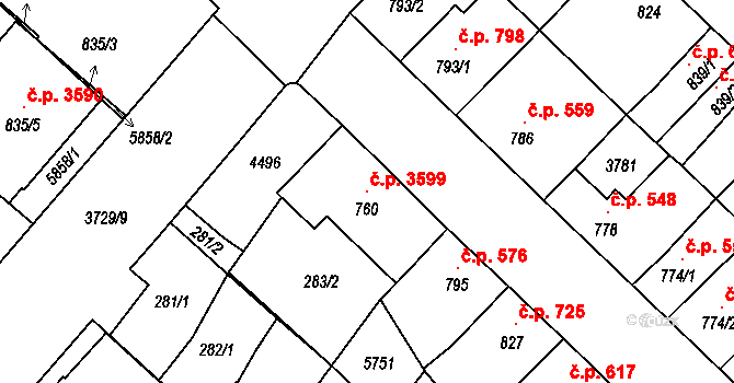 Břeclav 3599 na parcele st. 760 v KÚ Břeclav, Katastrální mapa