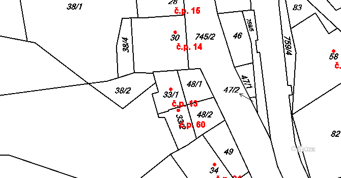 Hamry 13, Plumlov na parcele st. 33/1 v KÚ Hamry, Katastrální mapa