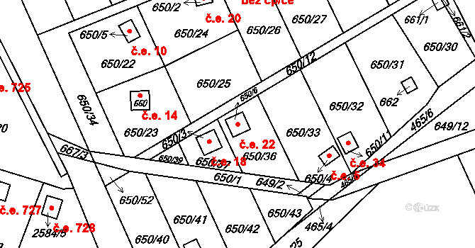 Přerov IV-Kozlovice 22, Přerov na parcele st. 650/6 v KÚ Kozlovice u Přerova, Katastrální mapa