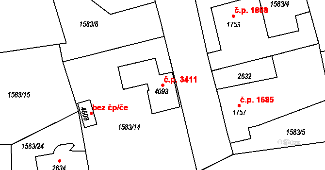 Jablonec nad Nisou 3411 na parcele st. 4093 v KÚ Jablonec nad Nisou, Katastrální mapa