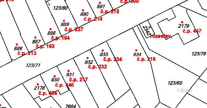 Telč-Štěpnice 234, Telč na parcele st. 933 v KÚ Telč, Katastrální mapa
