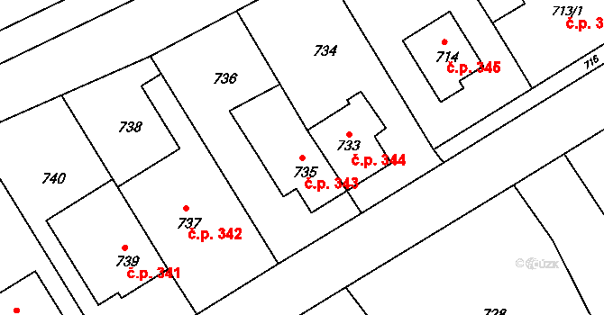 Šaratice 343 na parcele st. 735 v KÚ Šaratice, Katastrální mapa