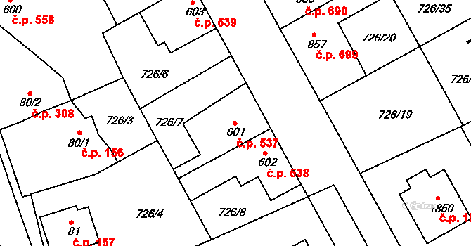 Brandýs nad Labem 537, Brandýs nad Labem-Stará Boleslav na parcele st. 601 v KÚ Brandýs nad Labem, Katastrální mapa