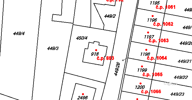 Třebechovice pod Orebem 853 na parcele st. 918 v KÚ Třebechovice pod Orebem, Katastrální mapa