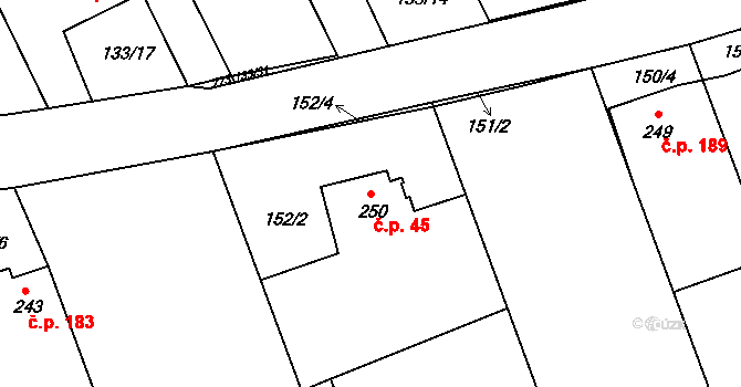 Cholina 45 na parcele st. 250 v KÚ Cholina, Katastrální mapa