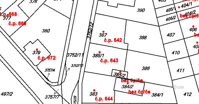 Žamberk 643 na parcele st. 385/1 v KÚ Žamberk, Katastrální mapa