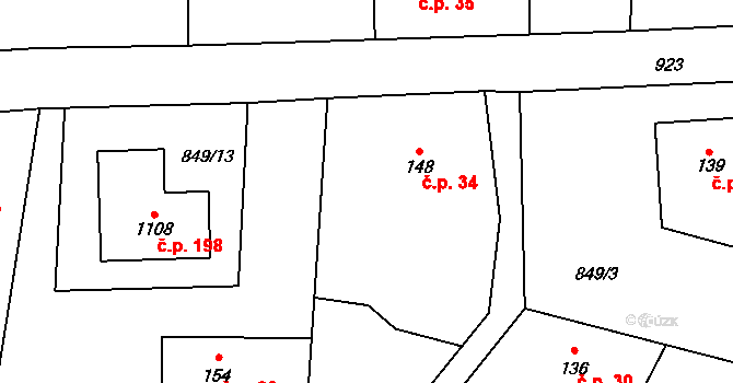 Brtnice 34, Velké Popovice na parcele st. 148 v KÚ Velké Popovice, Katastrální mapa