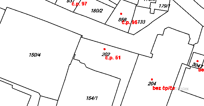 Jejkov 51, Třebíč na parcele st. 202 v KÚ Třebíč, Katastrální mapa