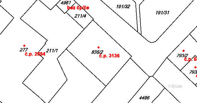 Břeclav 3136 na parcele st. 835/2 v KÚ Břeclav, Katastrální mapa