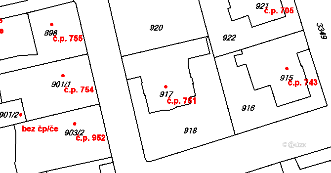 Pelhřimov 751 na parcele st. 917 v KÚ Pelhřimov, Katastrální mapa