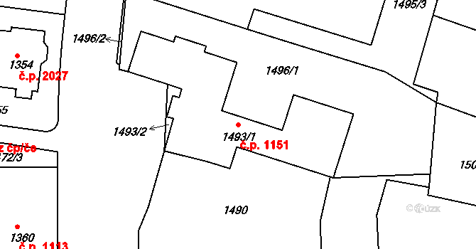 Teplice 1151 na parcele st. 1493/1 v KÚ Teplice, Katastrální mapa