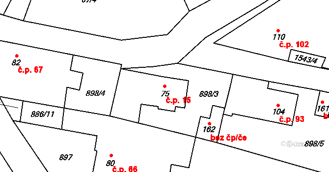 Okrouhlé Hradiště 15, Konstantinovy Lázně na parcele st. 75 v KÚ Okrouhlé Hradiště, Katastrální mapa