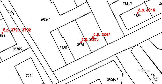 Chomutov 3355 na parcele st. 3626 v KÚ Chomutov I, Katastrální mapa