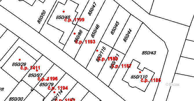 Mohelnice 1189 na parcele st. 850/115 v KÚ Mohelnice, Katastrální mapa