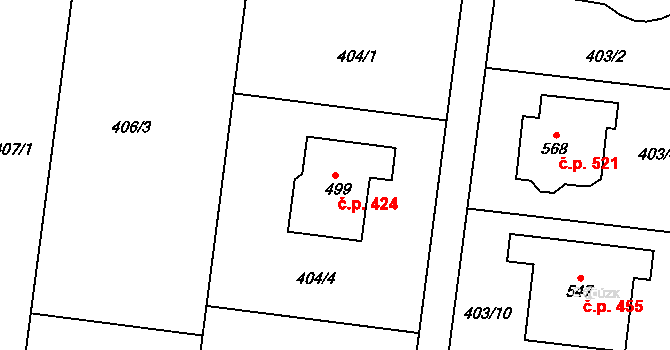 Čechovice 424, Prostějov na parcele st. 499 v KÚ Čechovice u Prostějova, Katastrální mapa