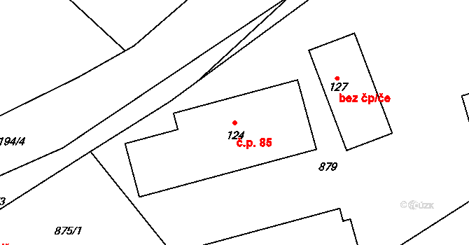Keblov 85 na parcele st. 124 v KÚ Keblov, Katastrální mapa