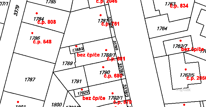 Benešov 681 na parcele st. 1788/1 v KÚ Benešov u Prahy, Katastrální mapa