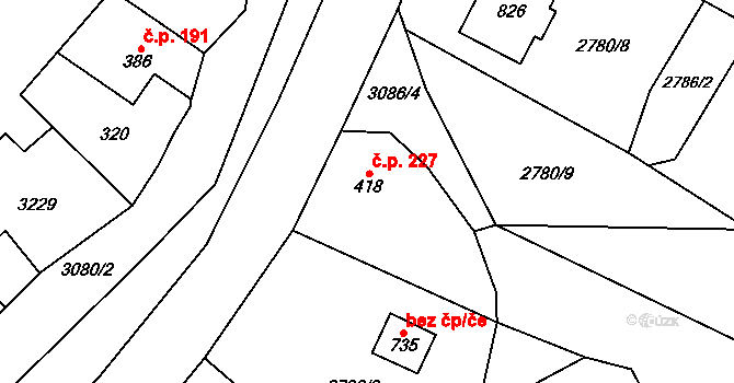 Trnava 227 na parcele st. 418 v KÚ Trnava u Zlína, Katastrální mapa