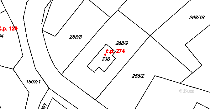 Rosice 274 na parcele st. 336 v KÚ Rosice u Chrasti, Katastrální mapa