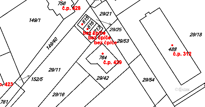 Nedvědice 429 na parcele st. 764 v KÚ Nedvědice pod Pernštejnem, Katastrální mapa