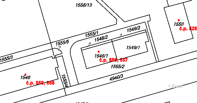 Litomyšlské Předměstí 556,557, Vysoké Mýto na parcele st. 1549/1 v KÚ Vysoké Mýto, Katastrální mapa