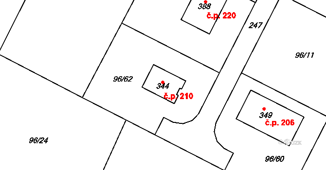 Písty 210 na parcele st. 344 v KÚ Písty u Nymburka, Katastrální mapa