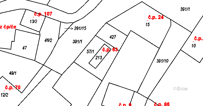 Třibřichy 63 na parcele st. 213 v KÚ Třibřichy, Katastrální mapa