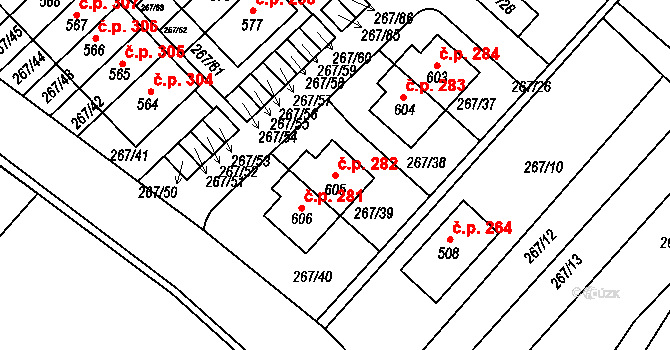 Nemojany 282 na parcele st. 605 v KÚ Nemojany, Katastrální mapa