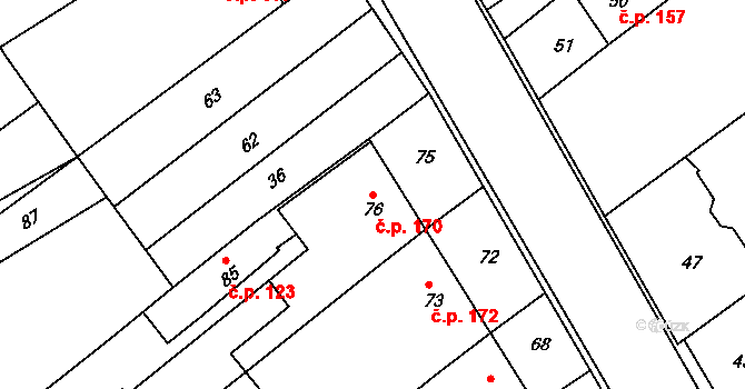 Prosenice 170 na parcele st. 76 v KÚ Proseničky, Katastrální mapa