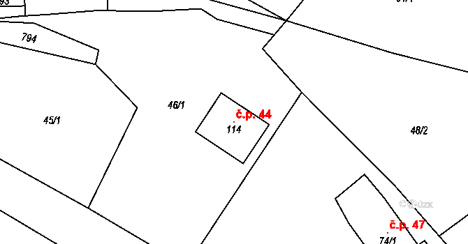 Hrádek 44, Krajková na parcele st. 114 v KÚ Hrádek u Krajkové, Katastrální mapa