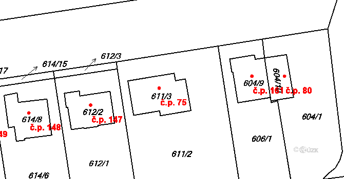 Lyžbice 75, Třinec na parcele st. 611/3 v KÚ Lyžbice, Katastrální mapa