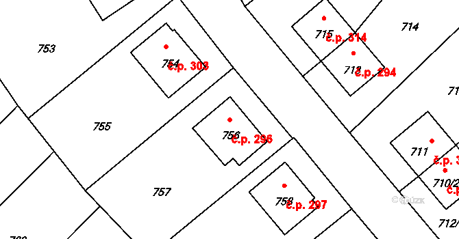 Stonařov 296 na parcele st. 756 v KÚ Stonařov, Katastrální mapa