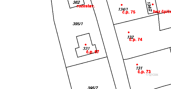 Mokrá Lhota 67, Bystřice na parcele st. 331 v KÚ Líšno, Katastrální mapa