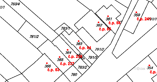 Ostrovské Předměstí 54, Lanškroun na parcele st. 363 v KÚ Lanškroun, Katastrální mapa