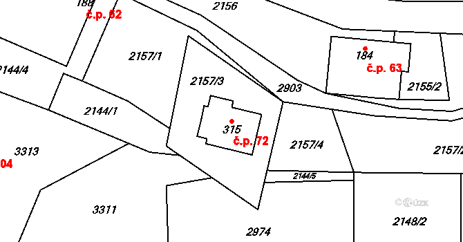 Dlouhá Loučka 72 na parcele st. 315 v KÚ Dlouhá Loučka, Katastrální mapa