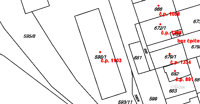 Řečkovice 1103, Brno na parcele st. 598/1 v KÚ Řečkovice, Katastrální mapa