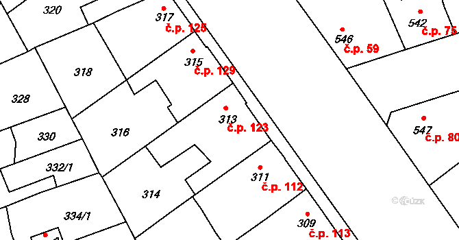 Dolní Měcholupy 123, Praha na parcele st. 313 v KÚ Dolní Měcholupy, Katastrální mapa