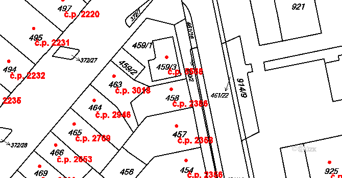 Chomutov 2386 na parcele st. 458 v KÚ Chomutov II, Katastrální mapa