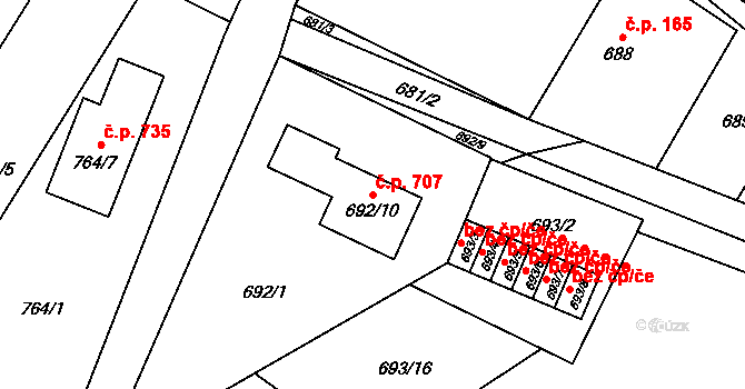 Vřesina 707 na parcele st. 692/10 v KÚ Vřesina u Bílovce, Katastrální mapa