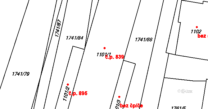 Lišov 839 na parcele st. 1101/1 v KÚ Lišov, Katastrální mapa