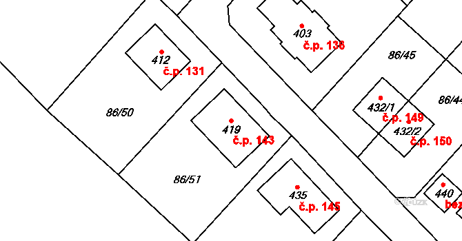 Stradonice 143, Nižbor na parcele st. 419 v KÚ Stradonice u Nižboru, Katastrální mapa