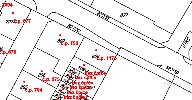 Předměstí 1173, Litoměřice na parcele st. 808 v KÚ Litoměřice, Katastrální mapa