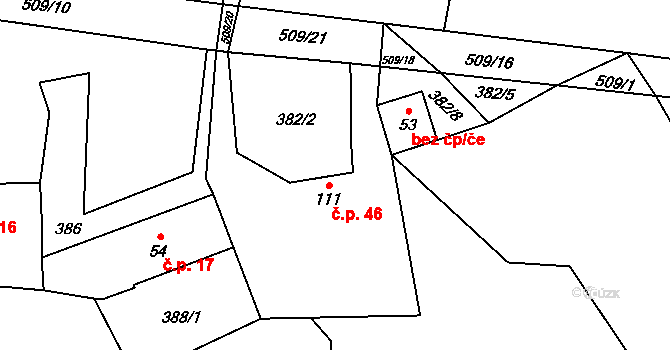 Dřevíkov 46, Vysočina na parcele st. 111 v KÚ Dřevíkov, Katastrální mapa