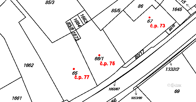 Všeruby 75 na parcele st. 66/1 v KÚ Všeruby u Kdyně, Katastrální mapa