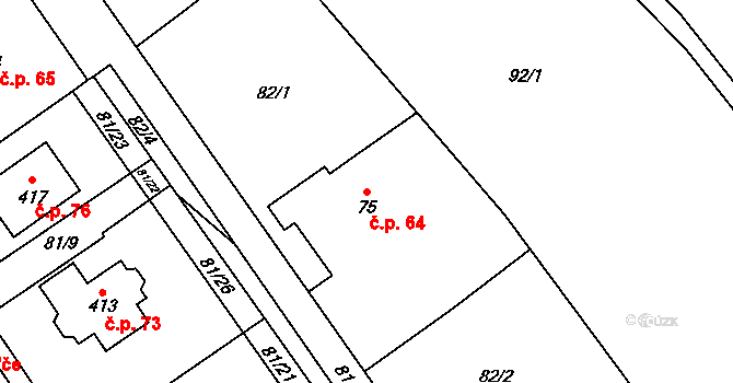 Hrádek 64, Srch na parcele st. 75 v KÚ Hrádek u Pardubic, Katastrální mapa