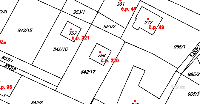 Děčín XVII-Jalůvčí 220, Děčín na parcele st. 756 v KÚ Prostřední Žleb, Katastrální mapa