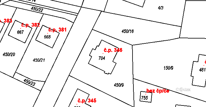 Ptice 346 na parcele st. 704 v KÚ Ptice, Katastrální mapa